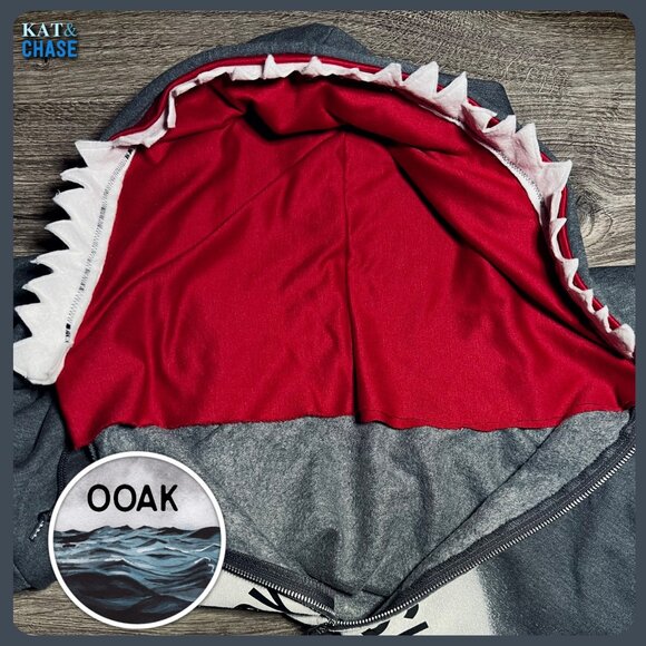 Grey Red Daddy Shark Zip Up Hoodie Mens Large Custom OOAK Father Family Costume - Picture 8 of 12